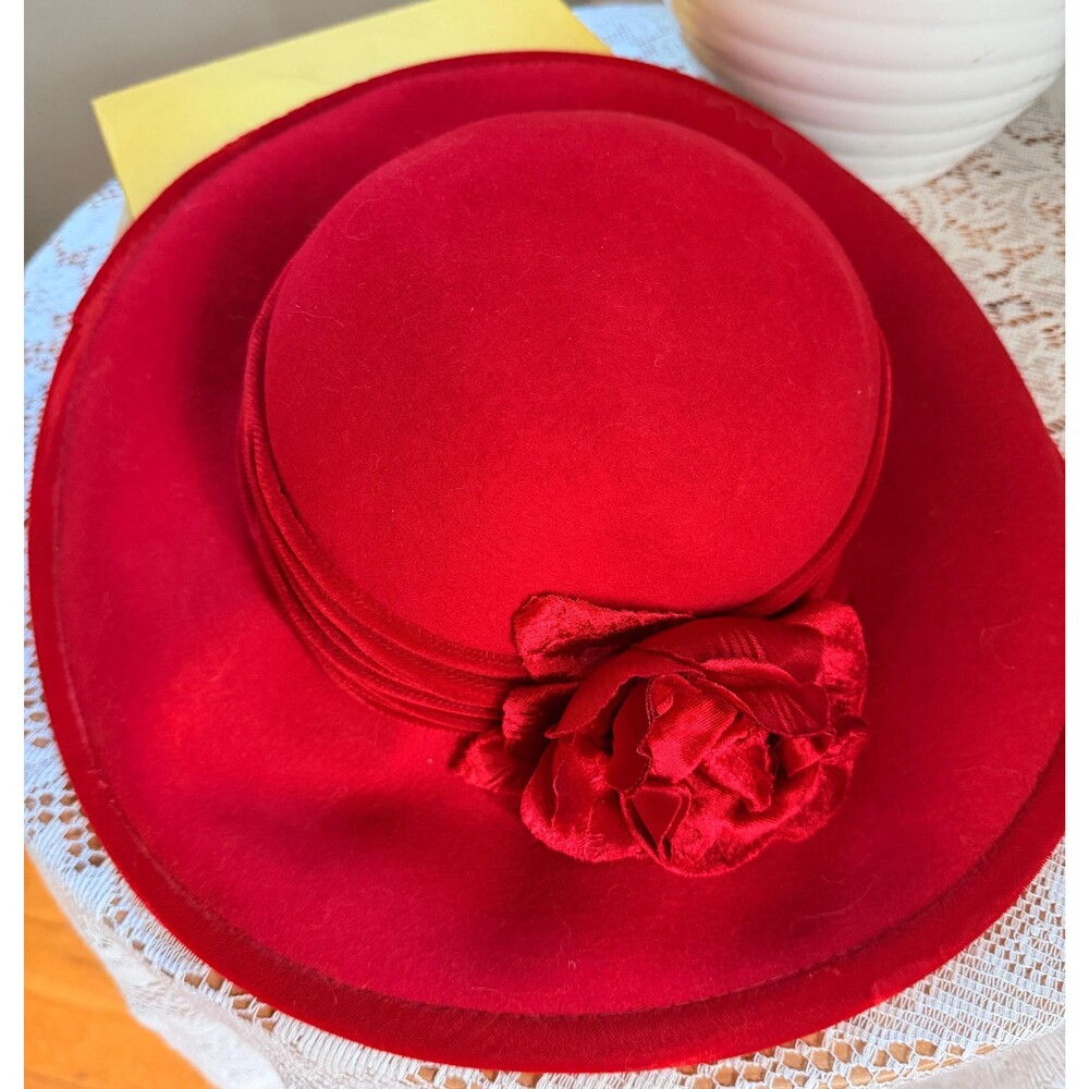 Vintage Red Wool Cloche Hat | Marshall Field’s Scala Wide Brim Floral Accent